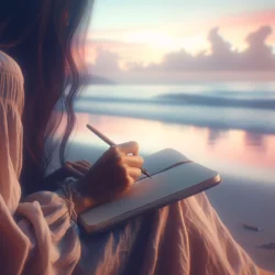 DALL·E 2025-01-31 12.19.52 – A serene, close-up view focusing on a woman’s hand writing in a journal, with the soft colors of dawn painting the sky. The background features the ca
